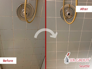 Picture of a Ceramic Tile Shower Before and After a Grout Sealing Service in Kirkland, WA