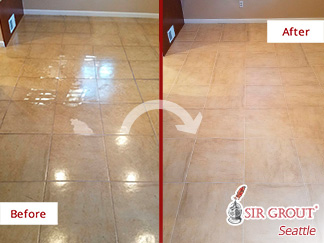 Before and After of a Polyurethane-covered Kitchen Ceramic Tile Floor After a Seattle Tile Sealing Service