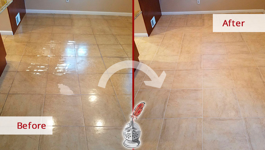 Before and After of a Polyurethane-covered Kitchen Ceramic Tile Floor After a Seattle Tile Sealing Service