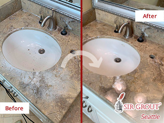 Before and After Image of a Marble Vanity After a Stone Honing in Redmond 