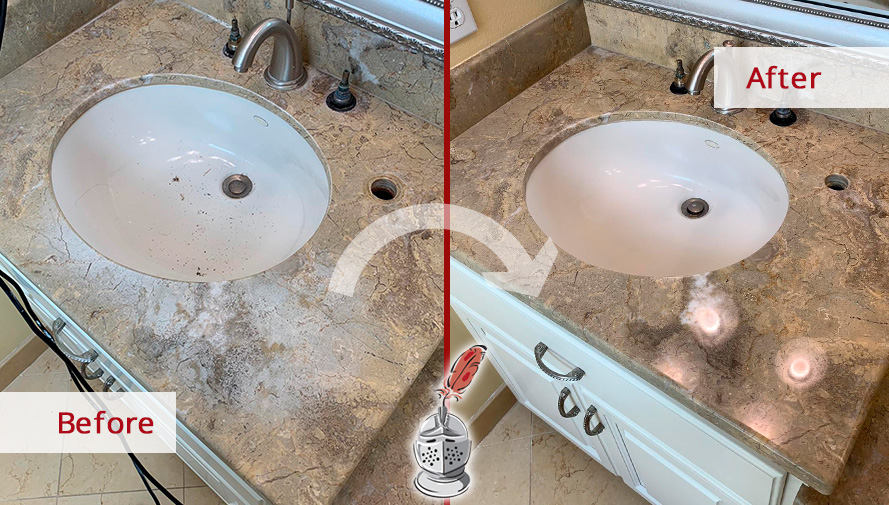 Before and After Image of a Marble Vanity After a Successful Stone Honing in Redmond 