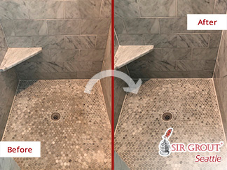 Picture of a Shower Before and After a Grout Cleaning in Seattle, WA