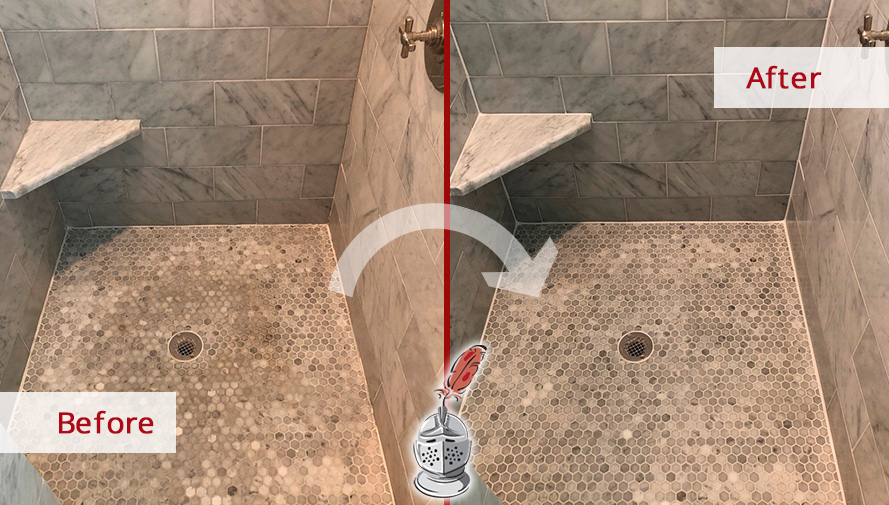 Picture of a Marble Shower Before and After a Grout Cleaning in Seattle, WA