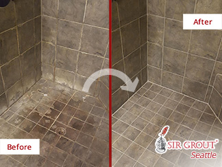 Before and After Cleaning, Color Sealing and Re-Caulking Ceramic Tile Shower Floor in Issaquah, WA
