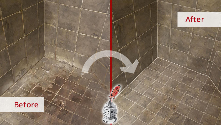 Before and After Cleaning, Color Sealing and Re-Caulking Ceramic Tile Shower Floor in Issaquah, WA