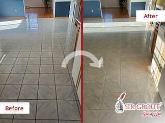 Picture of Kitchen Floor Before and After a Grout Sealing in Mercer Island
