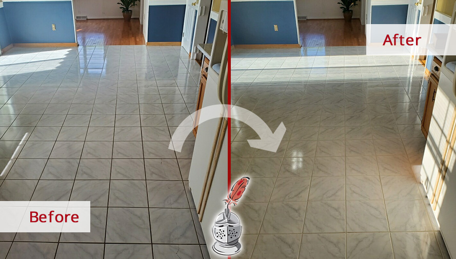 Picture of Kitchen Floor Before and After a Grout Sealing in Mercer Island