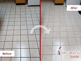 Image of a Kitchen Floor Before and After a Grout Sealing in Bothell