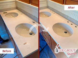 Limestone Vanity Top Before and After a Stone Honing Service in Seattle