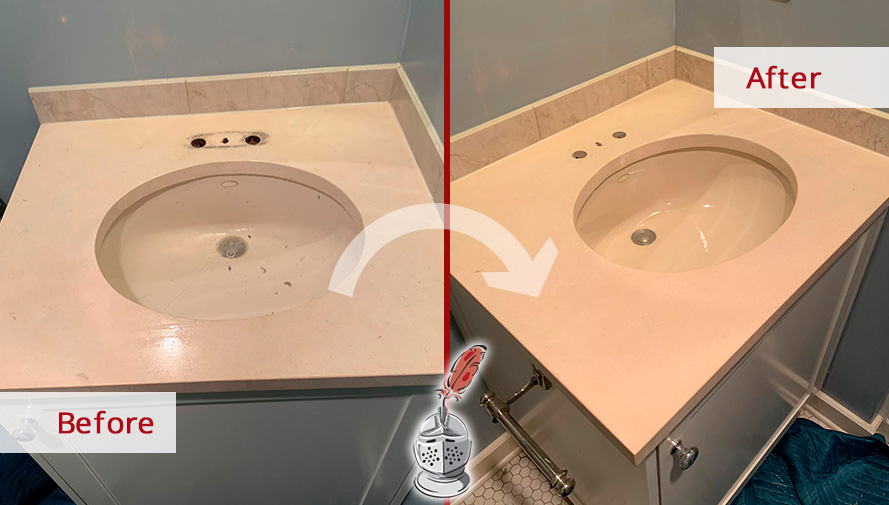 Limestone Vanity Before and After a Stone Honing Service in Seattle