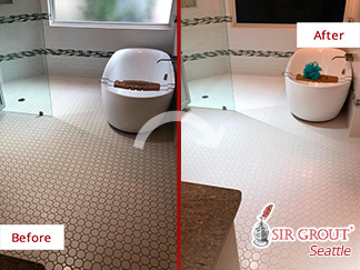 Image of a Bathroom Before and After a Restoration Performed by Our Seattle Tile and Grout Cleaners