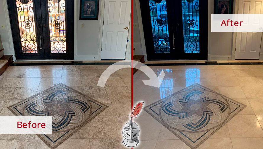 Before and After Our Travertine Foyer Stone Cleaning in Seattle, WA