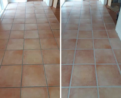 Saltillo Tile Floor Before and After a Grout Sealing in Monroe