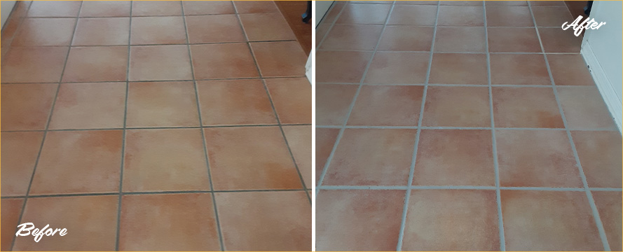 Saltillo Tile Floor Before and After a Grout Sealing in Monroe