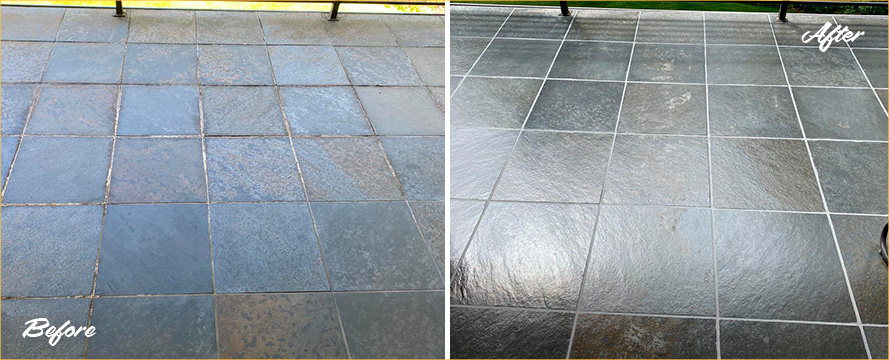 Outdoor Slate Floor Before and After a Stone Sealing in Seattle, WA