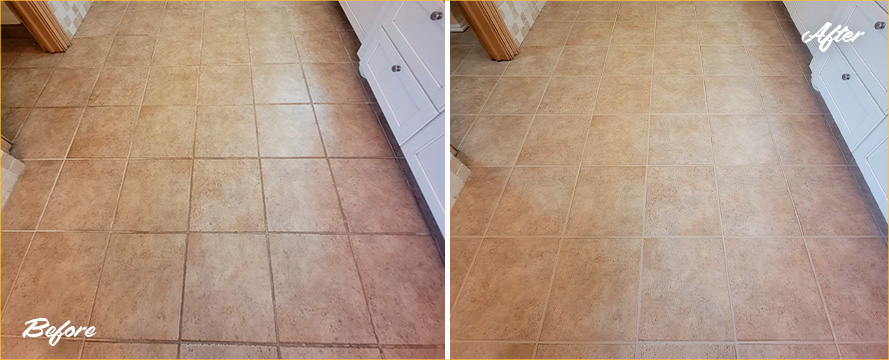 Bathroom Floor Before and After a Service from Our Tile and Grout Cleaners in Seattle