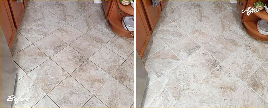 Kitchen Floor Before and After a Grout Cleaning Service in Seattle