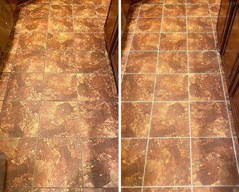 Ceramic Tile Floor Before and After a Grout Cleaning in Lynnwood