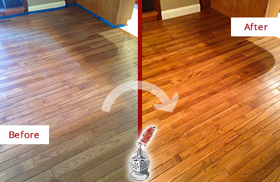 Before and After Picture of Restoration of a Dull Wood Floor