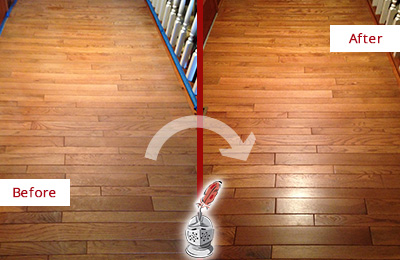 Sir Grout Refinished This Dull Issaquah Hallway Floor with a Sand Free Refinishing Service Before and After Picture of a Issaquah Wood Sand Free Refinishing Service on a Dull Hallway