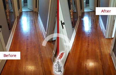 Before and After Picture of a Kenmore Wood Sand Free Refinishing Service on a Floor to Eliminate Scratches