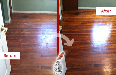 Before and After Picture of a Kenmore Wood Sand Free Refinishing Service on a Dull Floor to Remove Stains