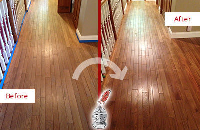 Before and After Picture of a Kenmore Wood Sand Free Refinishing Service on a Worn Out Floor