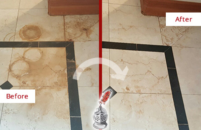 Before and After Picture of a Marble Floor Restored to Remove Rust Stains