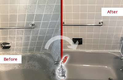 Picture of a Grey Bathtub with Stained Caulking Before and After a Tub Recaulking