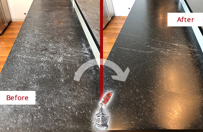 Picture of Black Worn-Out Stone Countertop Before and After Honing
