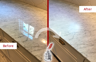 Sir Grout Hones this Shiny Marble Countertop to Achieve a Matte, Silky Finish Picture of Marble Countertop Before and After Honing to Achieve a Matte Finish