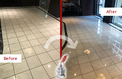 Sir Grout Seattle Stone Services Help Maintain, Clean, and Polish Building Lobbies and Commercial Offices Stone Surfaces Picture of a Building Marble Entrance Floor Before and After Stone Restoration, Cleaning and Polishing