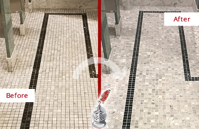 Sir Grout Seattle Stone Cleaning Services Can Help Repair the Look of this Grimy Hospital's Restroom Before and After Picture of a Hospital Travertine Bathroom Floor Stone Cleaning Service