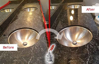 Sir Grout Seattle Stone Services Are Ideal for Enhancing Restrooms Marble Countertops and Keep Them Perfect All Year Round Picture of an Office Restroom's Marble Countertop Before and After Color Enhancement and Restoration