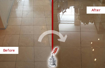 Before and After Picture of a Dull Marble Floor Polished to a Glossy Shine