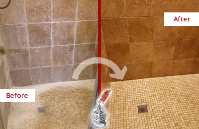 Sir Grout Cleans and Seals this Travertine Shower Remove Soap Scum Before and After Picture of a Travertine Shower Cleaned and Sealed to Remove Soap Scum