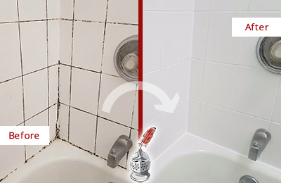 Sir Grout Cleans this Mountlake Terrace Shower Tile and Grout to Eliminate Mold Before and After Picture of a Mountlake Terrace Shower Tile and Grout Cleaned to Eliminate Mold