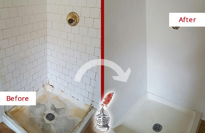 Sir Grout Cleans this Mountlake Terrace Shower Tile and Grout to Remove Soap Scum Before and After Picture of a Mountlake Terrace Shower Tile and Grout Cleaned to Remove Soap Scum