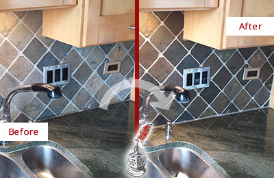 Sir Grout Caulks this Mill Creek Backsplash Caulked to Fix and Prevent Water Leaks Before and After Picture of a Mill Creek Backsplash Caulked to Fix and Prevent Water Leaks