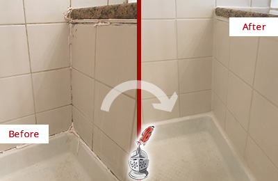 Sir Grout Caulks this Mill Creek Shower Caulked to Repair Damaged Caulking Before and After Picture of a Mill Creek Shower Caulked to Repair Damaged Caulking