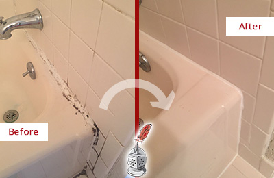 Before and After Picture of a Kirkland Bathroom Sink Caulked to Fix a DIY Proyect Gone Wrong