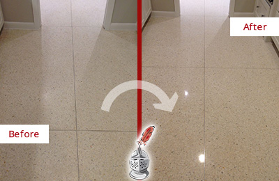 Sir Grout Polishes this Medina Granite Stone Floor to Repair Dullness Before and After Picture of a Medina Granite Stone Floor Polished to Repair Dullness