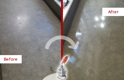 Before and After Picture of a Dull Kirkland Limestone Countertop Polished to Recover Its Color