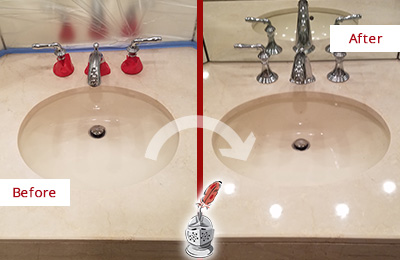 Sir Grout Polishes this Dull Medina Marble Stone Vanity Top to Bring-Back Its Sheen Before and After Picture of a Dull Medina Marble Stone Vanity Top Polished to Bring-Back Its Sheen