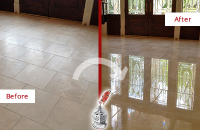 Sir Grout Polishes this Dull Medina Travertine Stone Floor to Recover Its Gloss Before and After Picture of a Dull Medina Travertine Stone Floor Polished to Recover Its Gloss