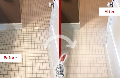 Before and After Picture of a Mill Creek Bathroom Floor Sealed to Protect Against Liquids and Foot Traffic