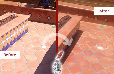 Sir Grout Seals this Dull Mercer Island Terracotta Patio Floor For UV Protection Before and After Picture of a Dull Mercer Island Terracotta Patio Floor Sealed For UV Protection
