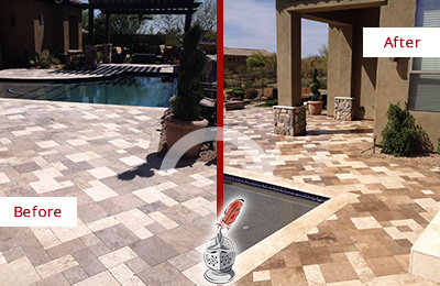 Sir Grout Seals this Faded Mercer Island Travertine Pool Deck For Extra Protection Before and After Picture of a Faded Mercer Island Travertine Pool Deck Sealed For Extra Protection