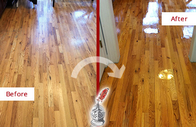 Sir Grout Restored This Worn Out Monroe Hallway Floor with a Deep Cleaning Service Before and After Picture of a Monroe Wood Deep Cleaning Service on a Worn Out Hallway