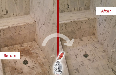Sir Grout Cleans this Dirty Mill Creek Marble Shower to Eliminate Dark Stains Before and After Picture of a Dirty Mill Creek Marble Shower Cleaned to Eliminate Dark Stains
